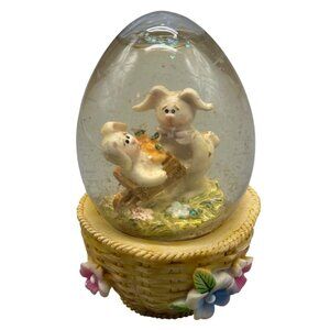 Vintage Easter Bunny Snow Globe Egg In Basket With Floral Accents READ